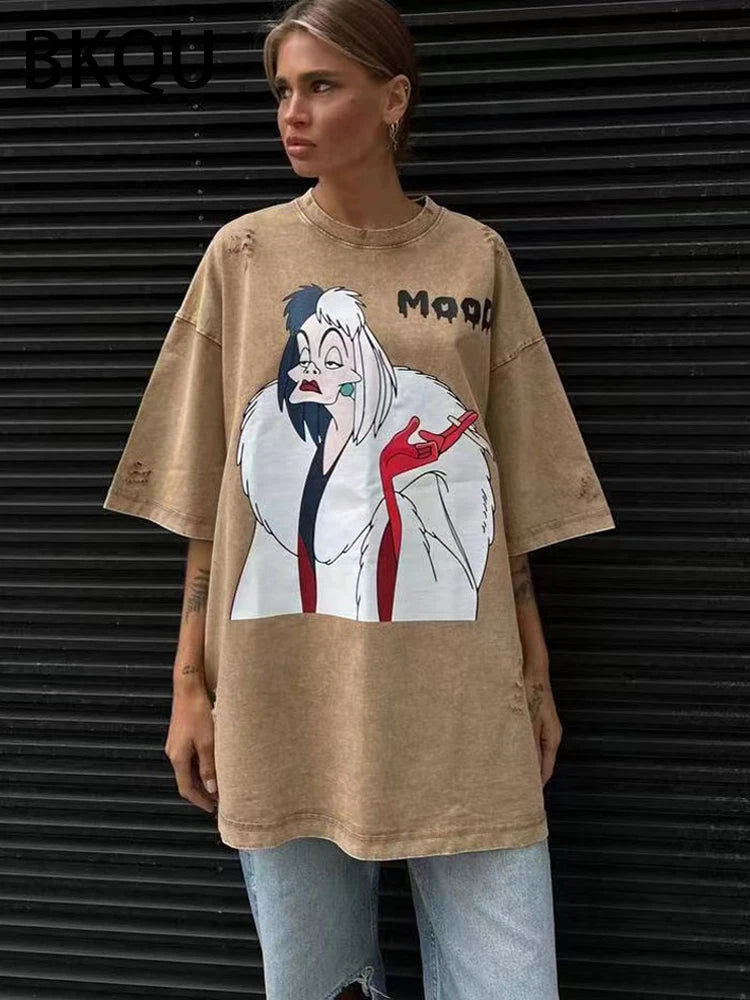 BKQU Cut Out Oversized Letter Printed T Shirts Women 2024 Summer Short Sleeve O-neck Loose Tees Flower Graphic 2000s Tops Shirt