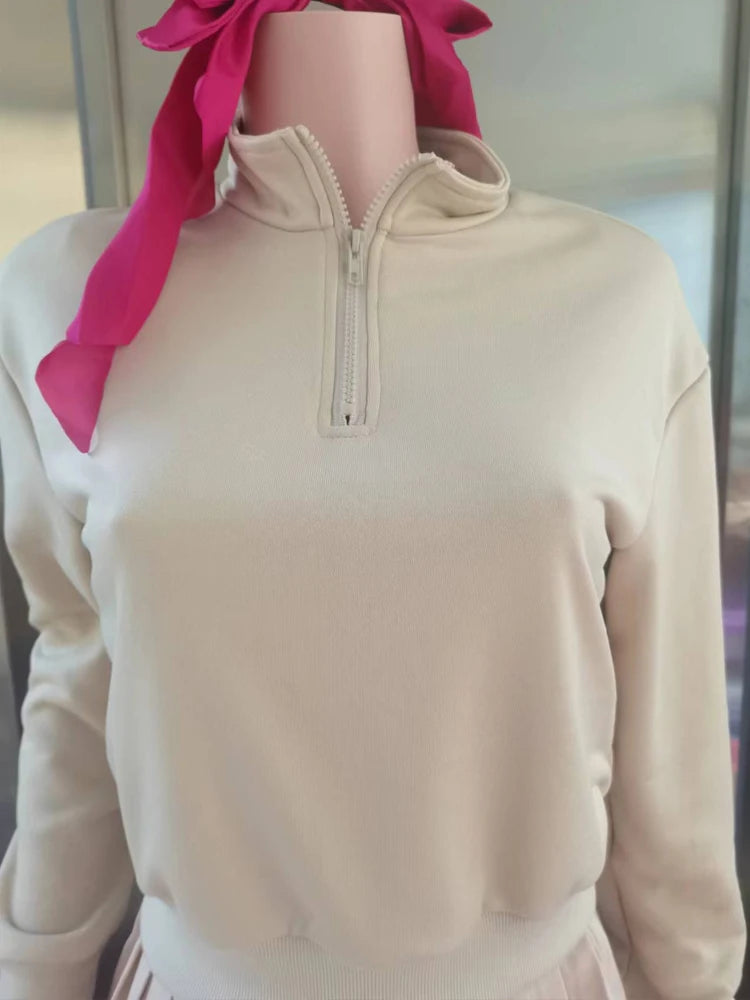 BKQU Elegant Solid 2 Piece Set Women Casual Long Sleeve Sweatshirt Pleated Mini Skirt Suit Autumn Winter Party Simple Clothing