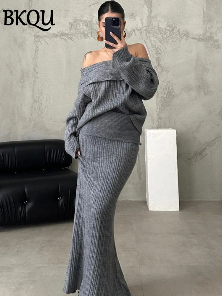 BKQU Knitted Women's Two Pieces Elegant Off Shoulder Sweater Pullover Slim Long Skirt Suit Autumn Winter Party Warm Lady Outfits