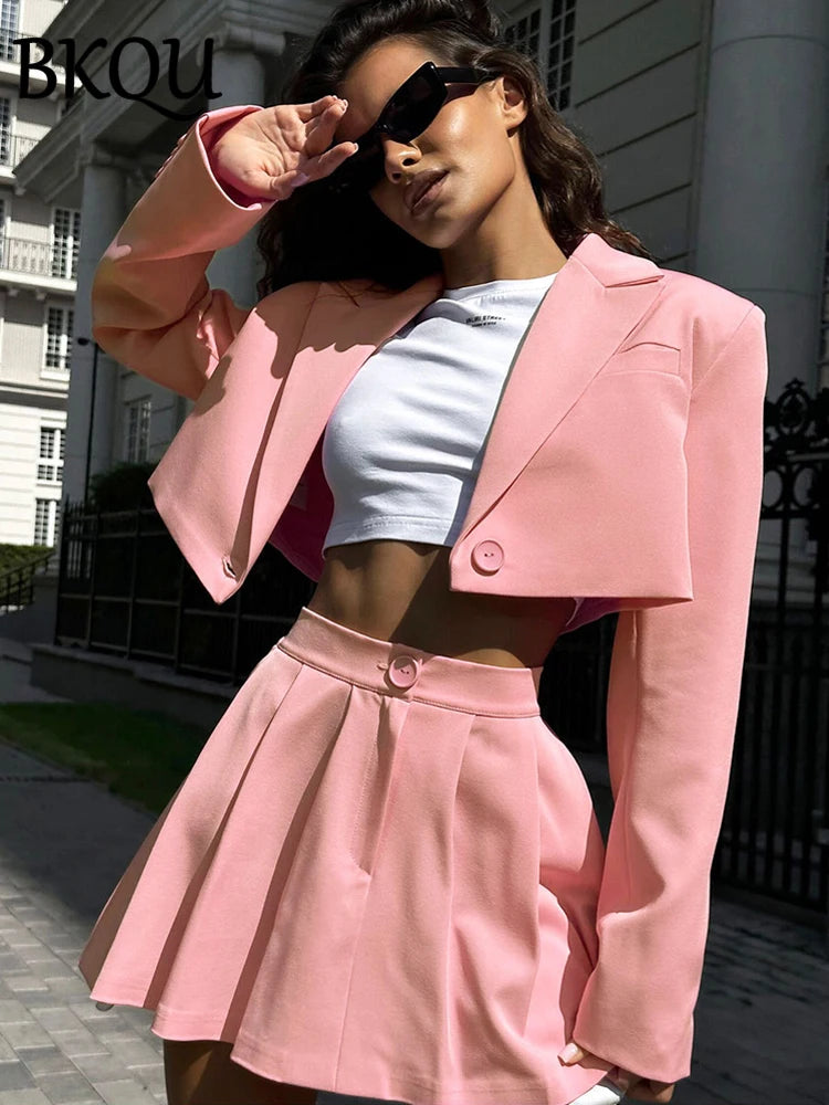 BKQU 2024 Blazer Two Piece Sets Women Casual Turn-down Collar Blazers Top and Pleated Skirts Suit Female High Street Y2K Clothes