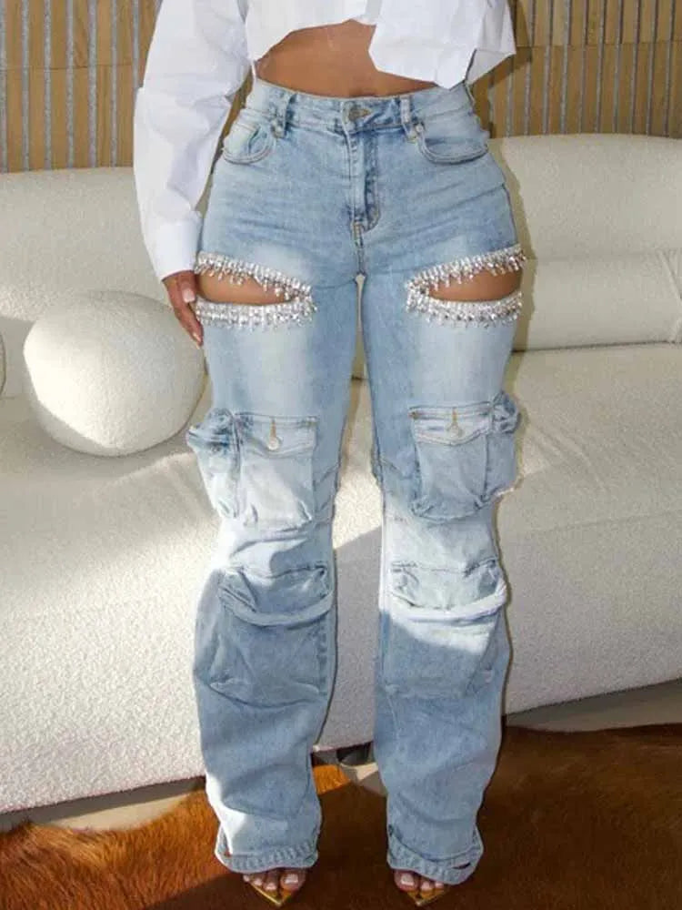 BKQU Unique Diamonds Hollow Out Straight Jeans Women Multi Pocket Cargo Pants Elegant Shiny Rhinestone Wide Leg Denim Trousers