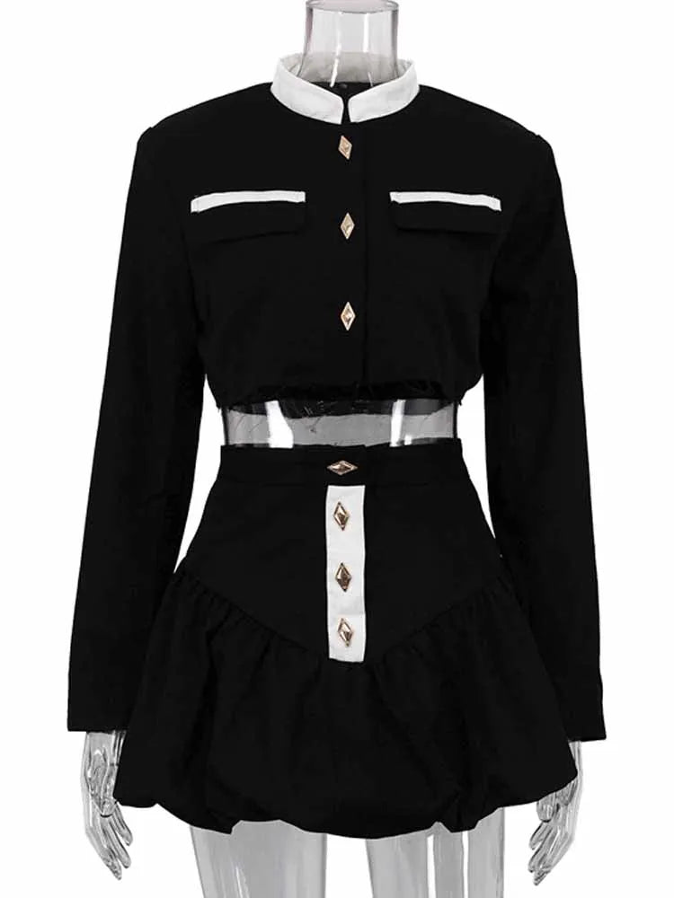 BKQU Elegant Women Sets Patchwork Long Sleeve Button Crop Jacket High Waist Pleated Mini Skirt Two Piece Sets 2025 Spring Outfit