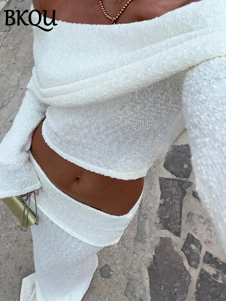 BKQU Elegant Long Skirt 2 Piece Set Women Sexy Off Shoulder Crop Top See Through Maxi Skirt Matching Autumn Female Party Outfits