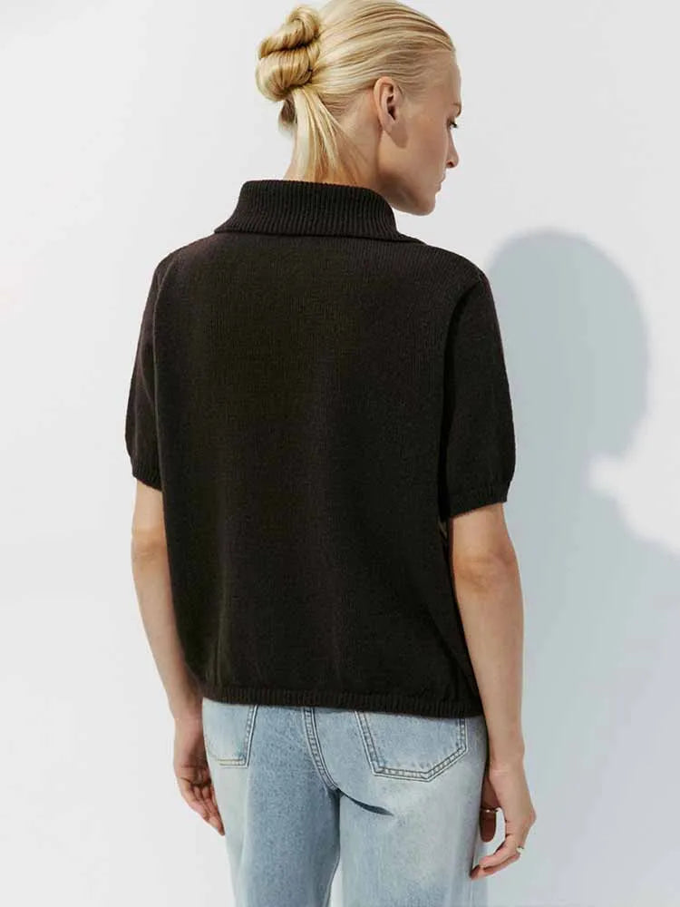 BKQU Knitted Polo Shirt Women Elegant Short Sleeve Loose T-shirt 2025 Summer Multicolour Hollow Out Lapel Knit Pullover Top Y2K