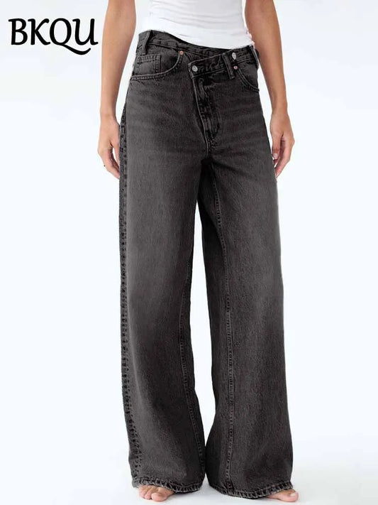 BKQU Vintage Straight Jeans Women 2025 New Chic Irregular Waist Baggy Denim Pants Y2K Streetwear Fashion Hip Hop Jeans Trousers