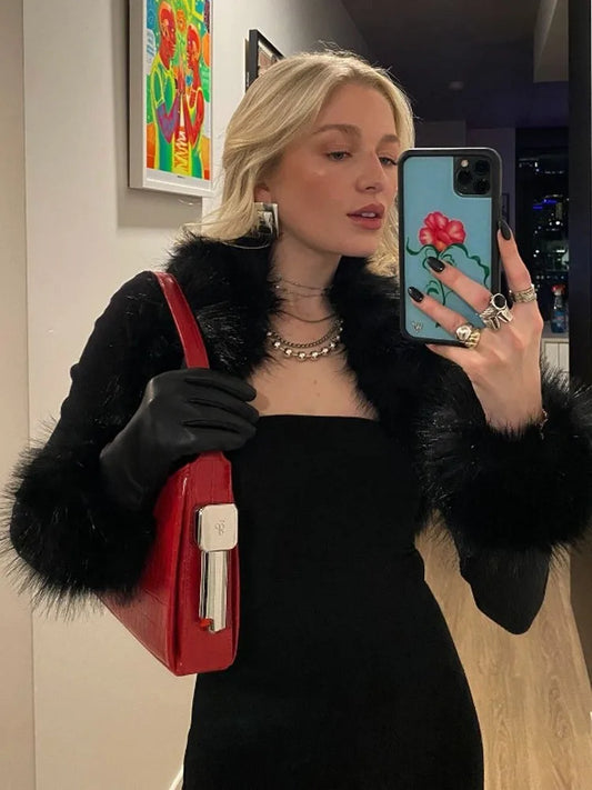 BKQU Fur Collar Crop Top with Strapless Jumpsuit Women's 2 Piece Sets Elegant Long Sleeve Short Coat Flared Pants Playsuit Suits