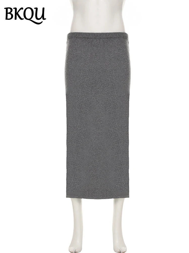 BKQU Casual Knitted Women's Two Piece Sets Long Sleeve Backless Pullover Sweater Elastic Slim Maxi Skirts 2024 Winter Lazy Suits