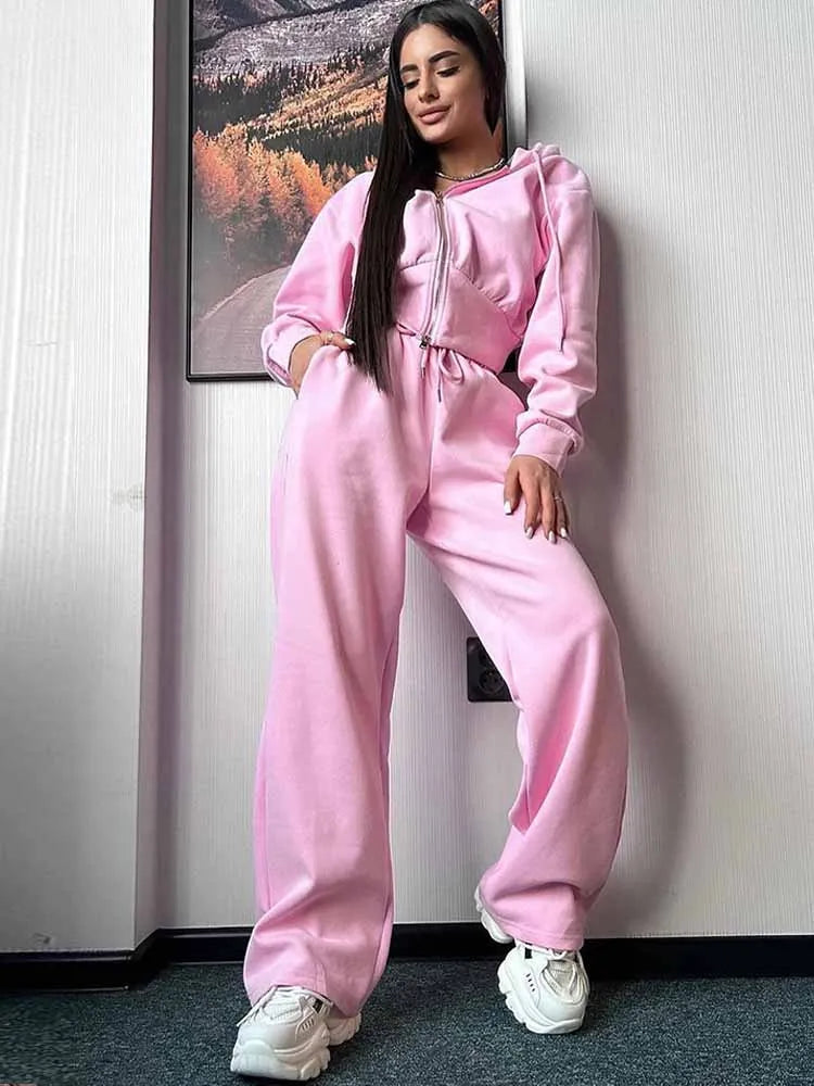 BKQU Casual Pants Sets Woman Hooded Long Sleeve Zipper Sweatshirt Solid Lace-up Wide Leg Sweatpants 2025 New Fashion Tracksuit
