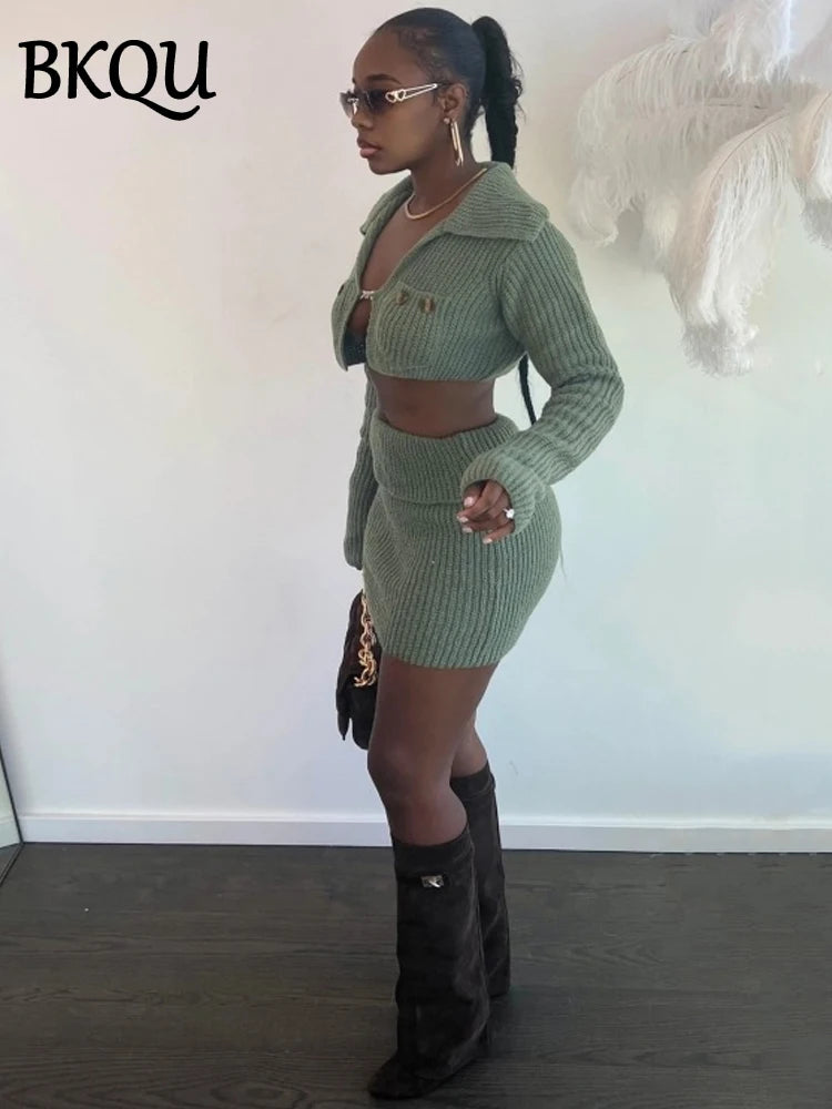 BKQU Knit Bodycon Mini Skirt 2 Piece Sets Women Sexy Chain Button Long Sleeve Cardigan Winter Elegant Party Sweater Skirt Suits