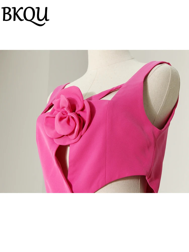 BKQU Trendy Pants Two Pieces Set Women 3D Floral Sexy Hollow Out Vest High Waist Flare Trousers Sets Elegant Lady Party Outfits