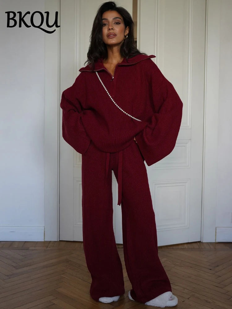 BKQU Fashion Solid Knitted Pants 2 Piece Set Women Casual Lapel Half Zip Pullover Sweater High Waist Wide Leg Pants Ladies Suits