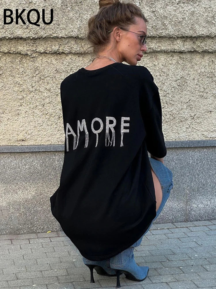 BKQU Black T shirts for Women 2024 High Street Letter Rhinestone Loose O-neck Tees Top Short Sleeve Hot Diamonds Tassel Pullover