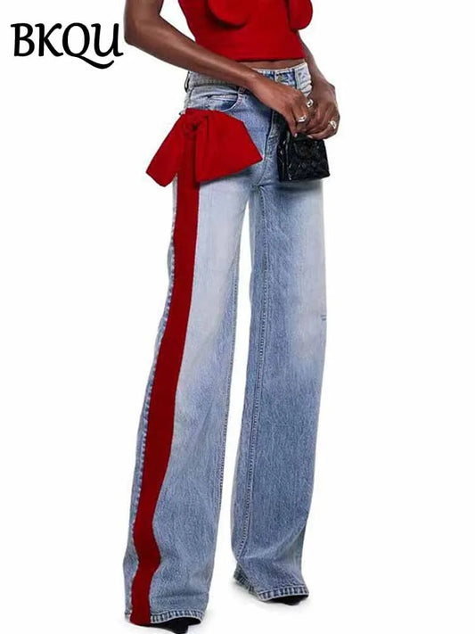 BKQU Splicing Jeans Women Fashion Contrast Side Bow Loose High Waist Straight Denim Pants 2025 Spring Temperament Street Jeans