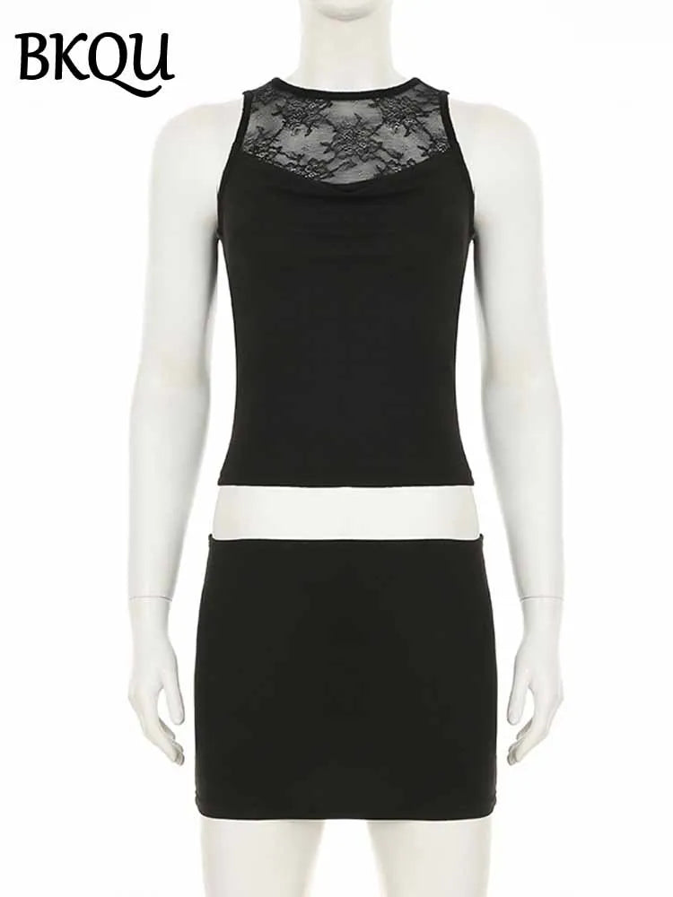 BKQU Women 2 Piece Bodycon Skirt Set Lace Patchwork Sleeveless Tank Top And Hip Wrap Mini Skirts 2025 Chic All-matching Outfits