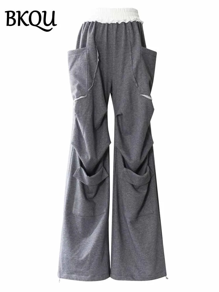 BKQU Hoodies Tracksuit Women Pant Sets Contrast Color Long Sleeve Sweatshirt Coat High Waist Pockets Wide Leg Pants 2 Pieces Set