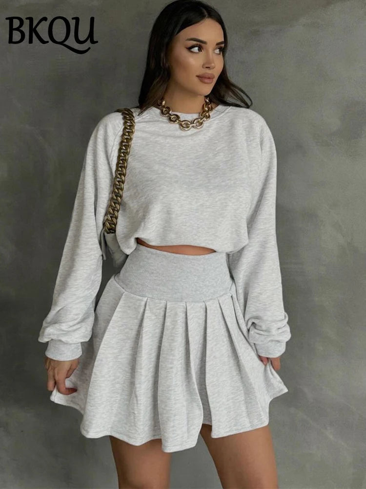 BKQU Pleated Skirt 2 Piece Set Women Casual Tracksuit Long Sleeves Sweatshirt and High Waist Mini Skirts Matching Outfits Autumn