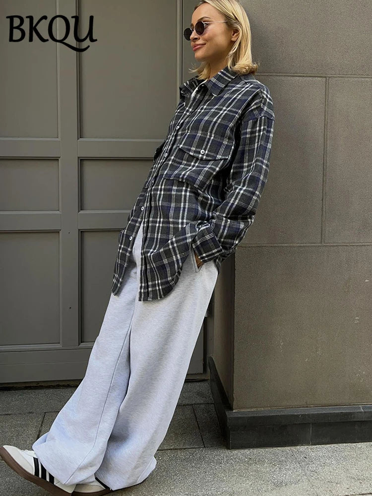 BKQU Plaid Single-breasted Loose Blouse Women Pocket Long Sleeve lapel Shirts 2024 New Korean Style Casual Mid-length Tops