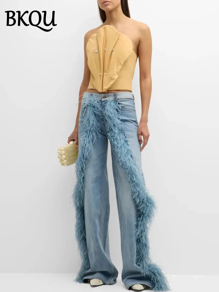 BKQU Feather Spliced Washed Jeans Women Baggy Wide Leg Denim Pants Y2K High Waist Fashion Streetwear 2025 Straight Jean Trousers