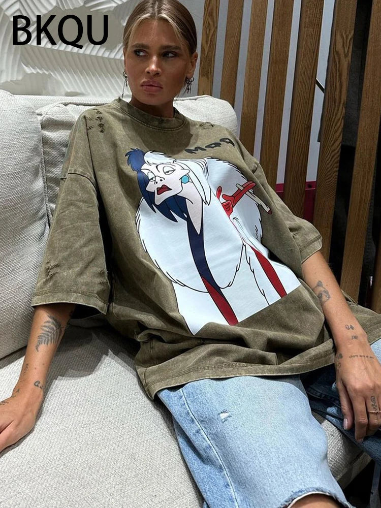 BKQU Oversized T-shirt Women Graphic Print Ripped Half Sleeve Tee Shirts High Street Hip Hop Female Pullovers Vintage Loose Tops