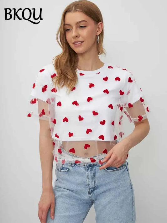 BKQU Crop Tops Women Heart Mesh Patchwork Fake Two Piece T-Shirt 2025 Summer Casual Y2k O-Neck Short Sleeve Tees Chic Streetwear
