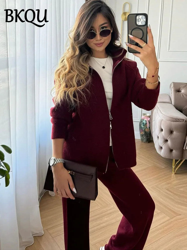 BKQU Sweater Cardigan Pants 2 Pieces Sets Women Casual Solid Zipper Jackets Wide Leg Trousers Autumn Winter Knitted Tracksuit