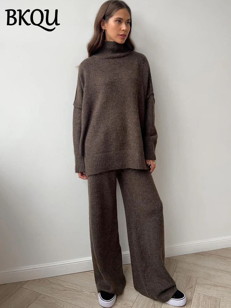 BKQU Casual Knit Two Piece Sets Women Split Turtleneck Long Sleeve Sweater Wide Legs Pants Suit Female Loose Winter Loungewear