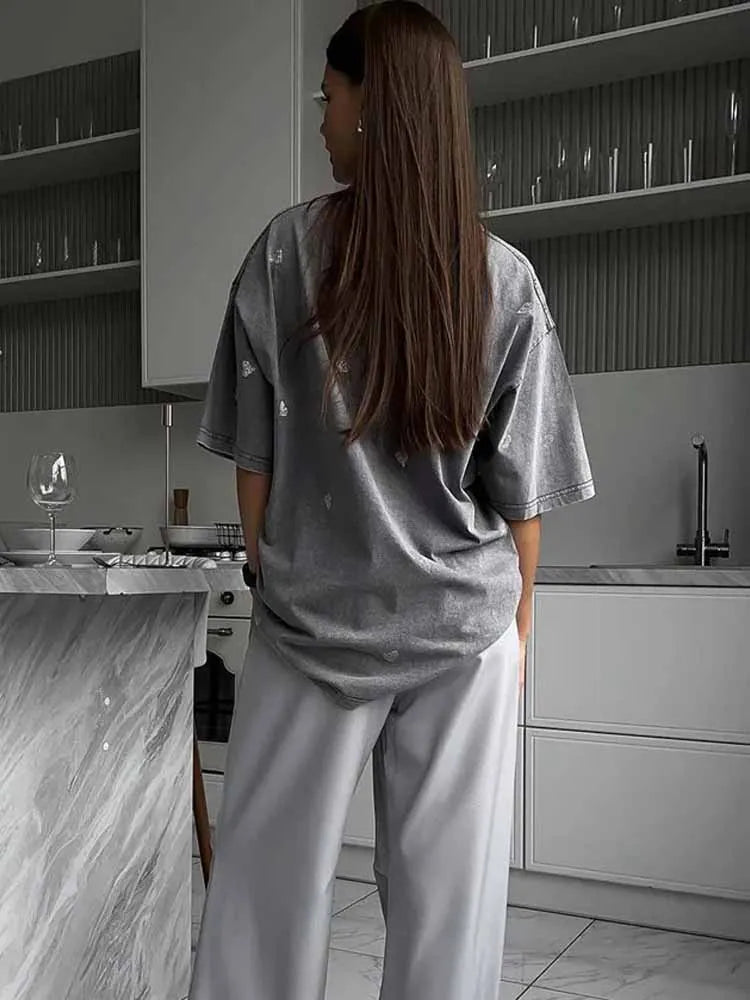 BKQU 100% Cotton Washed T-Shirts Loose Rhinestone Heart Women Summer Fashion O-Neck Short Sleeve Tees Y2k Female Vintage Clothes