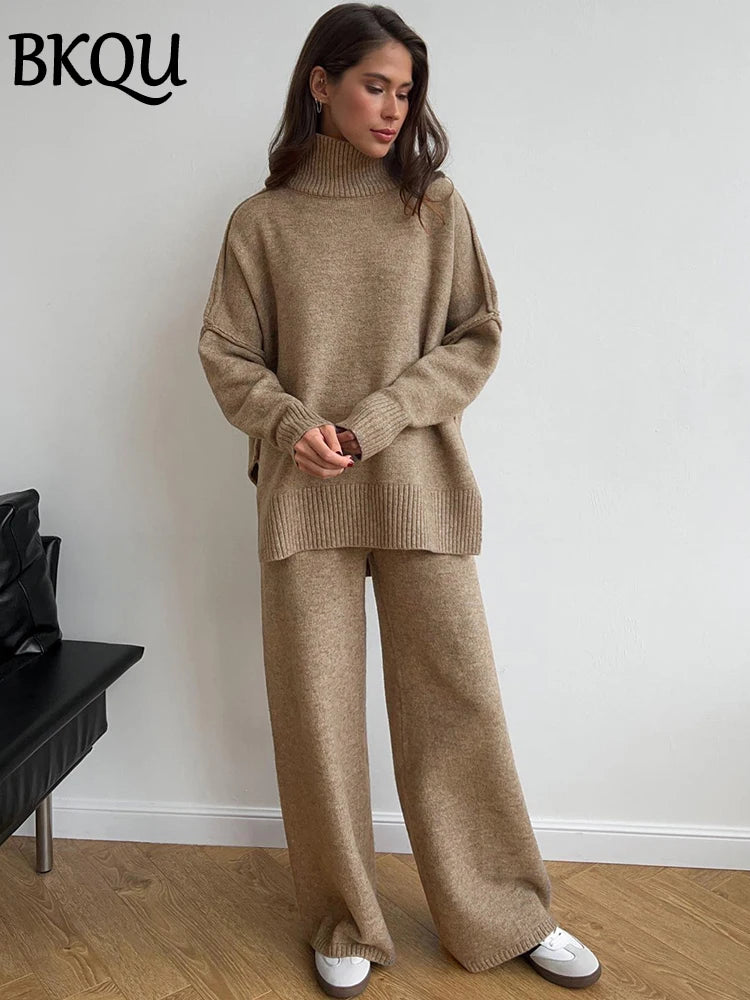 BKQU Turtleneck Sweater Knitted Pants Suits Women Autumn Winter Loose Casual Split Top And Wide Leg Trousers Warm Two Piece Set