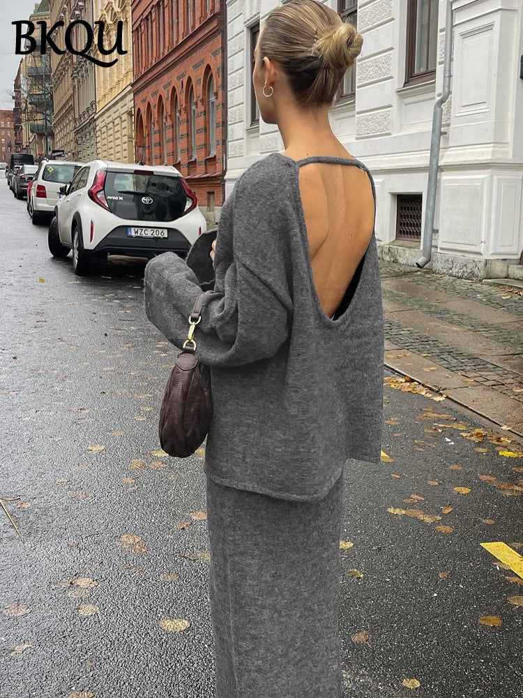 BKQU Casual Knitted Women's Two Piece Sets Long Sleeve Backless Pullover Sweater Elastic Slim Maxi Skirts 2024 Winter Lazy Suits