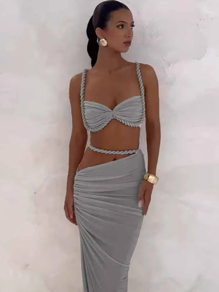 BKQU Summer Beach Ruched 2 Piece Set Women Sexy Square Collar Bra Crop Camisoles+Hollow Out Maxi Skirts Female Vacation Outfits