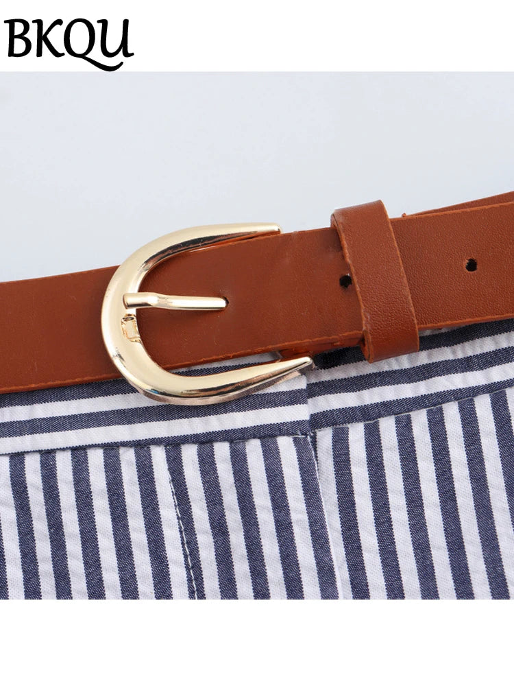 BKQU With Belt Fashion Striped Shorts Skirts Women Summer High Waist A-Line Casual Shorts Streetwear All-match Blue Skirts Pants