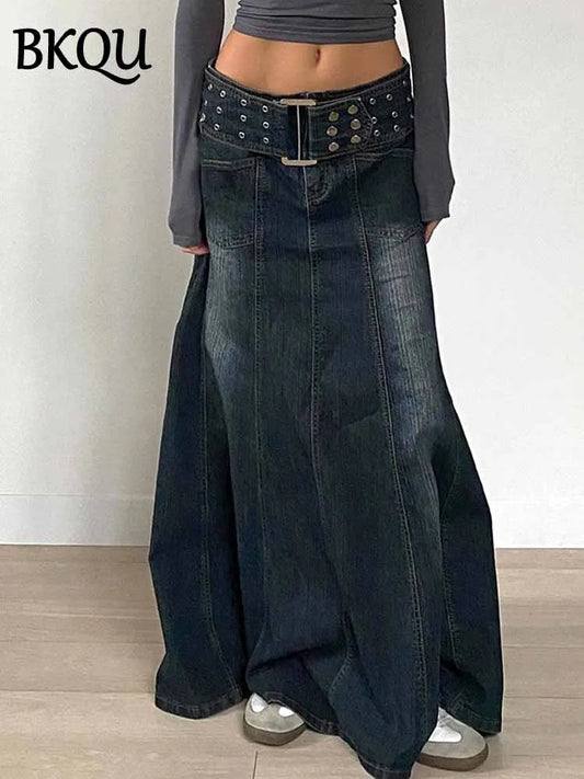 BKQU Vintage Rivet Belt Denim Skirt Women Low Waist A-Line Pockets Long Skirts Aesthetic Casual Y2k Baggy Jean Skirt 2025 Spring