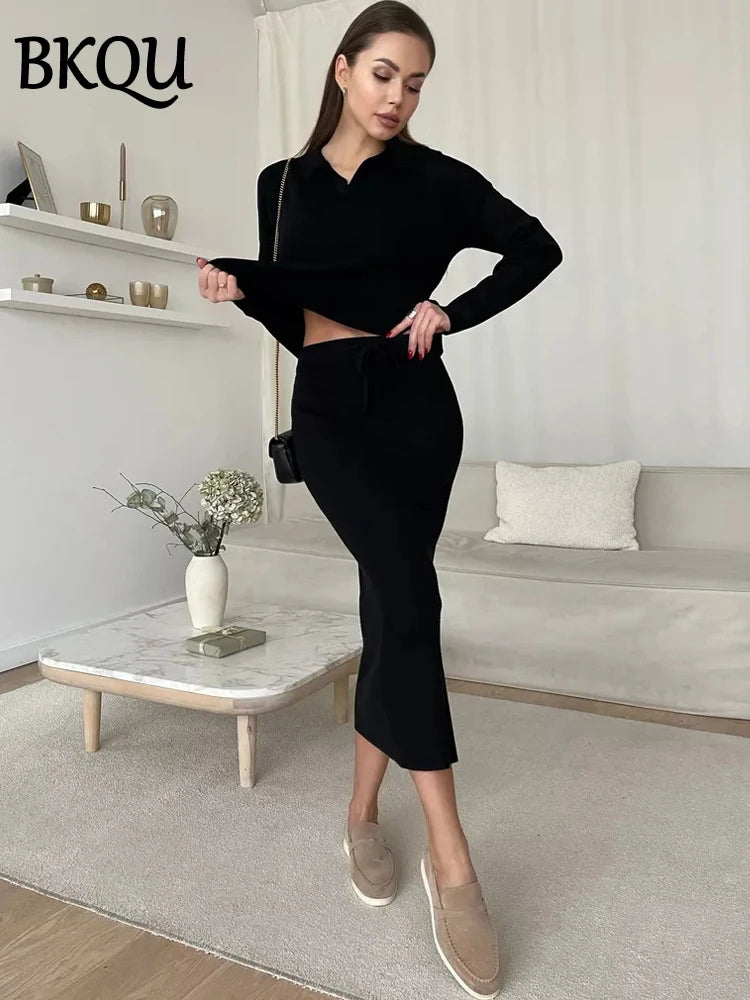 BKQU 2 Pieces Lapel Pullover Sweaters Long Skirt Suit Elegant Solid Knitted Sets For Women Bodycon Autumn Winter Party Outfits