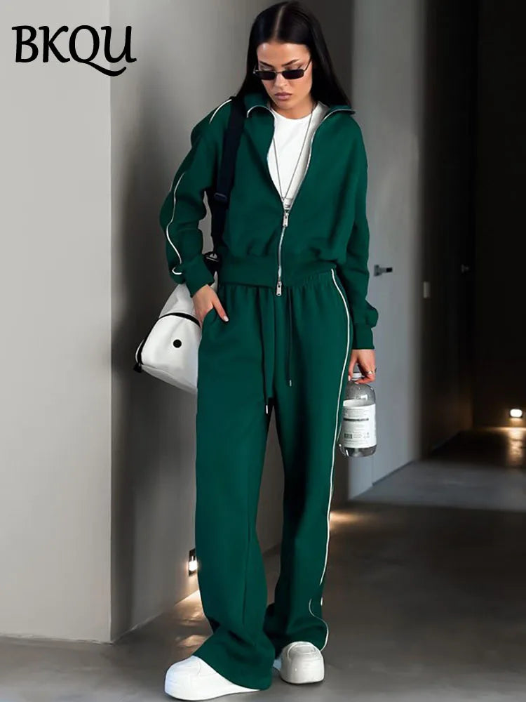 BKQU Casual Sports 2 Pieces Set Women Contrast Zipper Cardigan Jacket And Lace Up Wide Leg Pants Matching Suit Fashion Tracksuit