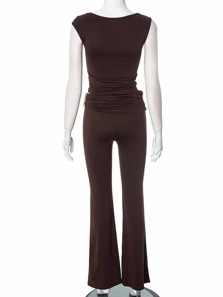 BKQU Casual Pants 2 Piece Set Women Metal Buckle Sleeveless Crop Tops+Ruched Waist Flare Pants Matching 2025 Spring Tracksuits