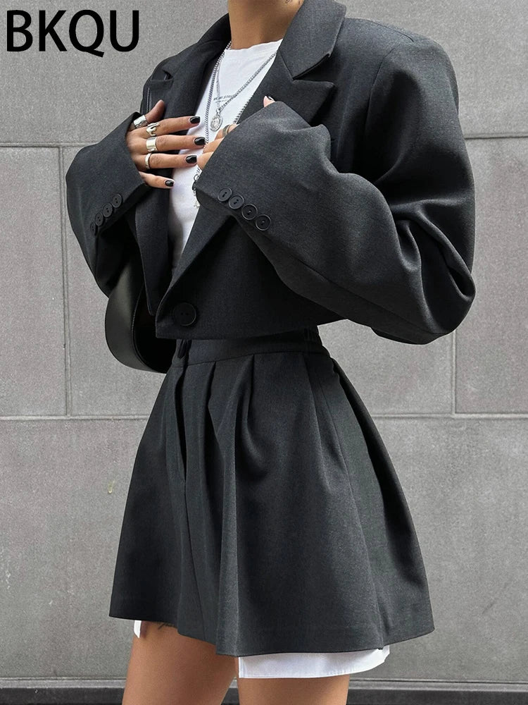 BKQU 2024 Blazer Two Piece Sets Women Casual Turn-down Collar Blazers Top and Pleated Skirts Suit Female High Street Y2K Clothes