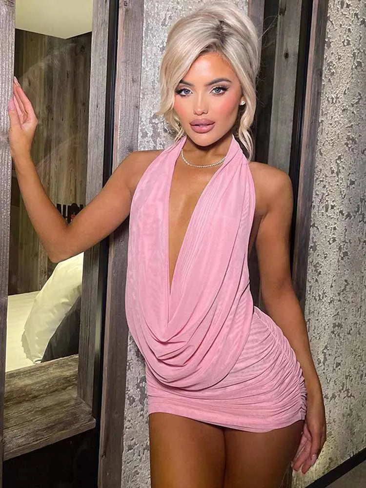 BKQU Mesh Sexy Ruched Women 2 Piece Set Deep V-Neck Halter Swinging Backless Top See Through Mini Skirt Y2k Midnight Club Outfit
