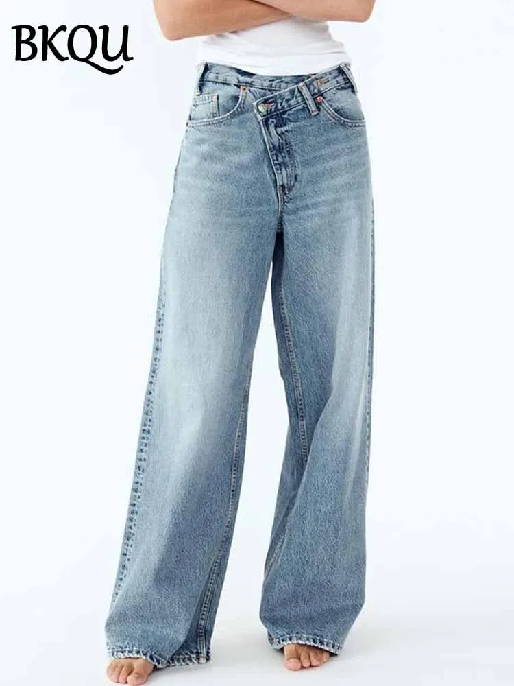 BKQU Asymmetrical Wide Leg Jeans Women Vintage High Waist Washed Straight Denim Trousers Loose Streetwear Chic Irregular Jeans