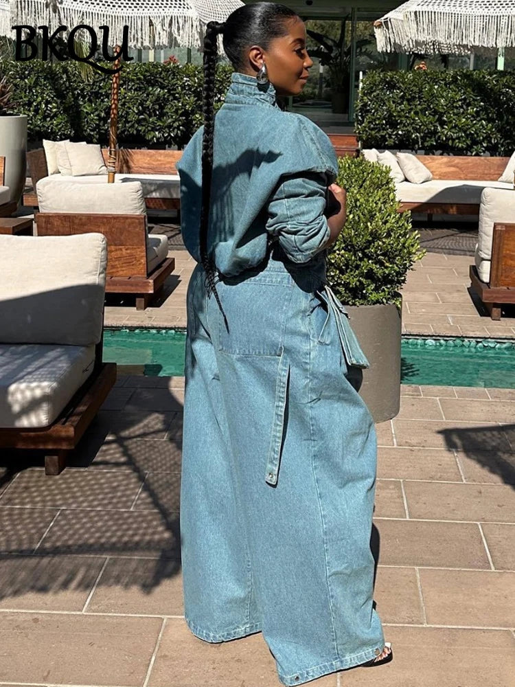 BKQU Fashion Denim Women's Sets Ruched Long Sleeve Zipper Jacket Patchwork Big Pocket Wide Leg Jeans Pants Two Piece Set Hip Hop