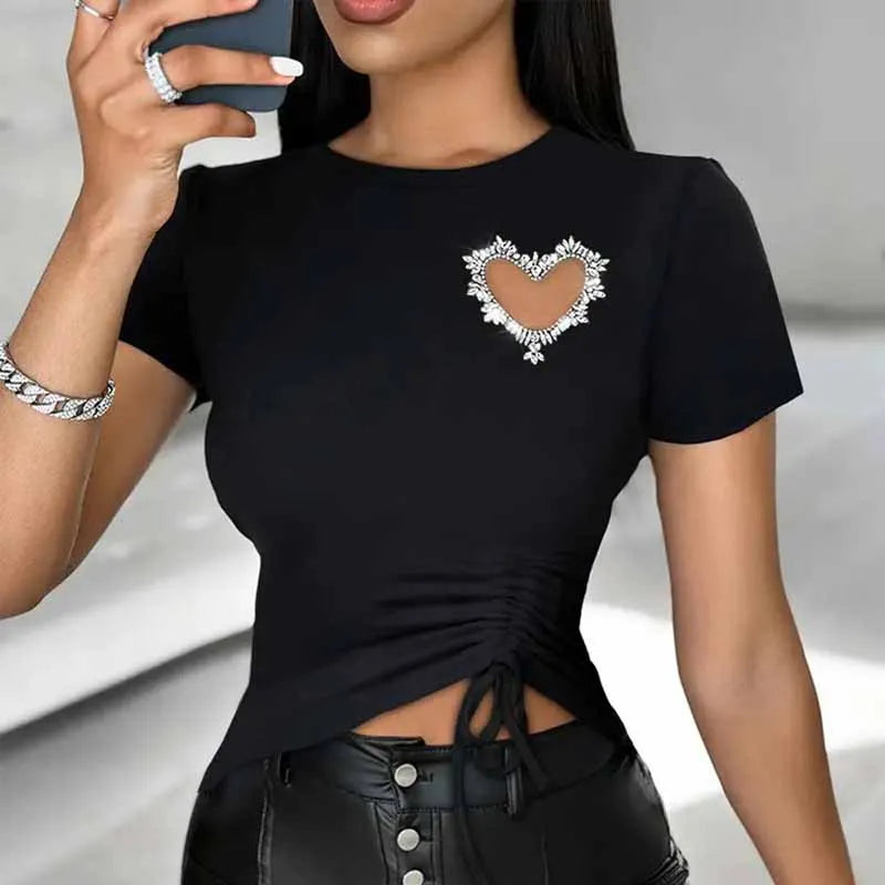 BKQU Rhinestone Fashion T-Shirt Women Y2k Tops Hollow Love Drawstring Casual O-Neck Short Sleeve Tee Tops Daily Streetwear 2025