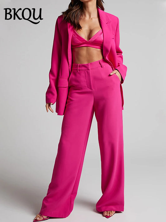 BKQU Fashion Blazer Pants Two Piece Set Women Commuting Outfit  Solid Notched Collar Jacket Wide Leg Trousers Elegant Party Suit