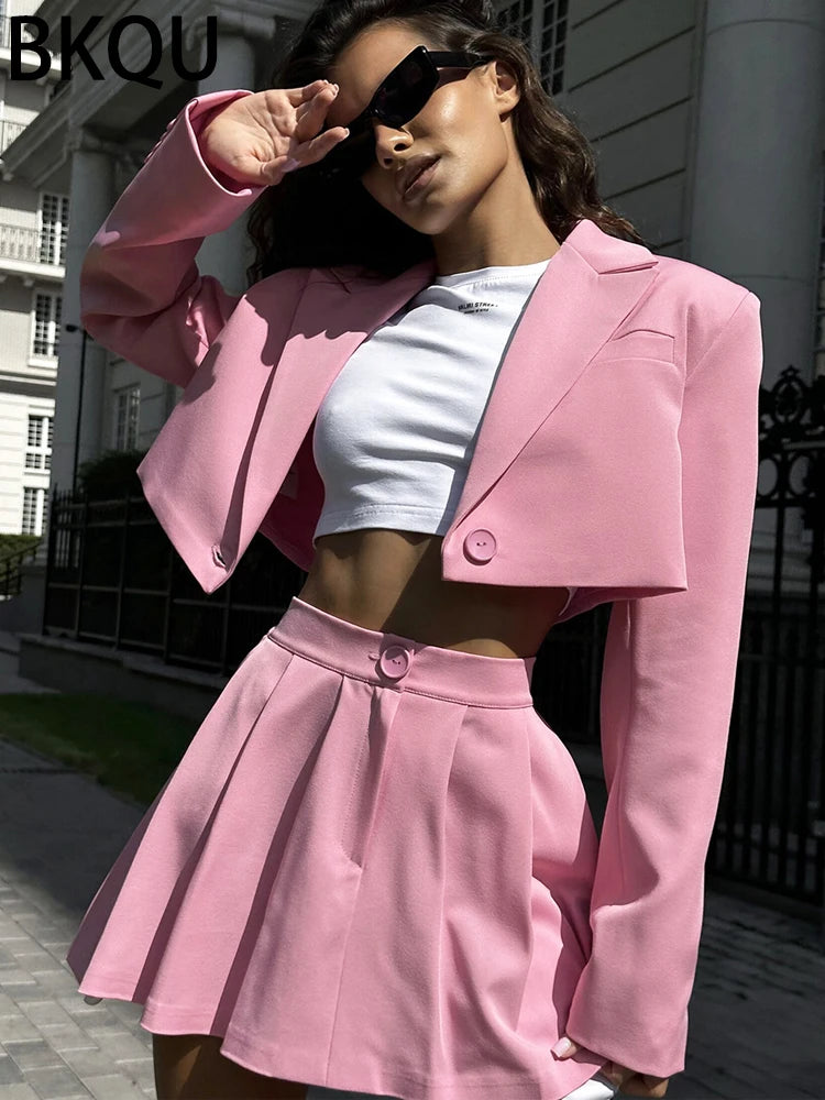 BKQU 2024 Blazer Two Piece Sets Women Casual Turn-down Collar Blazers Top and Pleated Skirts Suit Female High Street Y2K Clothes