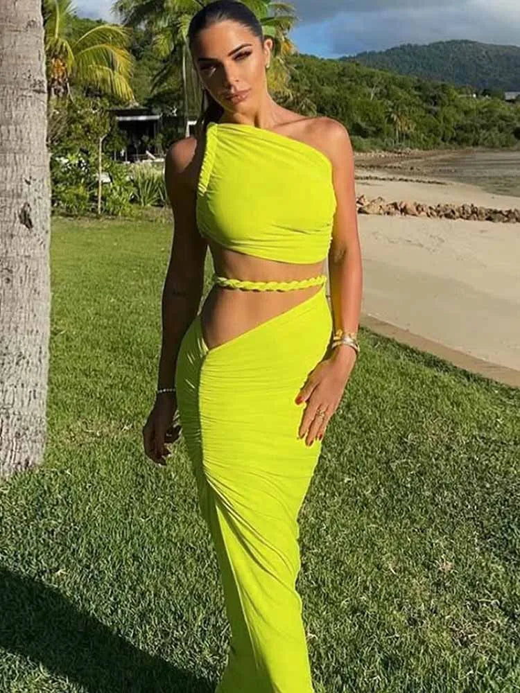 BKQU Elegant Ruched 2 Piece Set Women Irregular Skew Collar Backless Crop Tops+Hollow Out Maxi Skirt Sexy Matching Vacation Suit