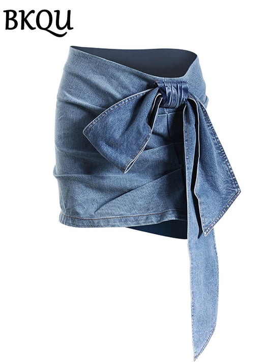 BKQU Women's Micro Skirts Summer Bow Design High Waist Denim Mini Skirts 2024 Sexy Party Nightclub A-line Wrap Penceil Skirt