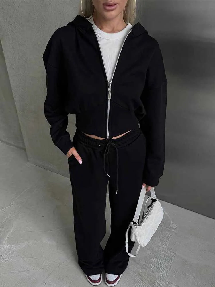 BKQU Casual Pants Sets Woman Hooded Long Sleeve Zipper Sweatshirt Solid Lace-up Wide Leg Sweatpants 2025 New Fashion Tracksuit