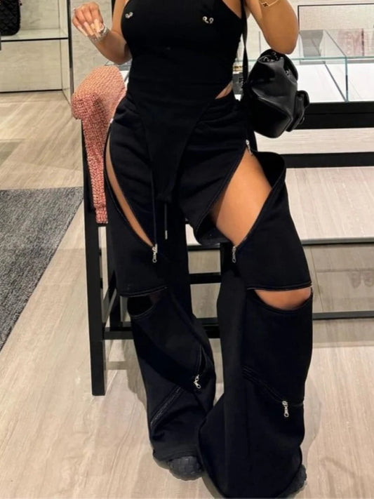 BKQU Women Sweatpants Fashion Zipper Adjust Hole Casual Baggy  Wide Leg Pants Streetwear Harajuku Drawstring Jogger Trouser 2024