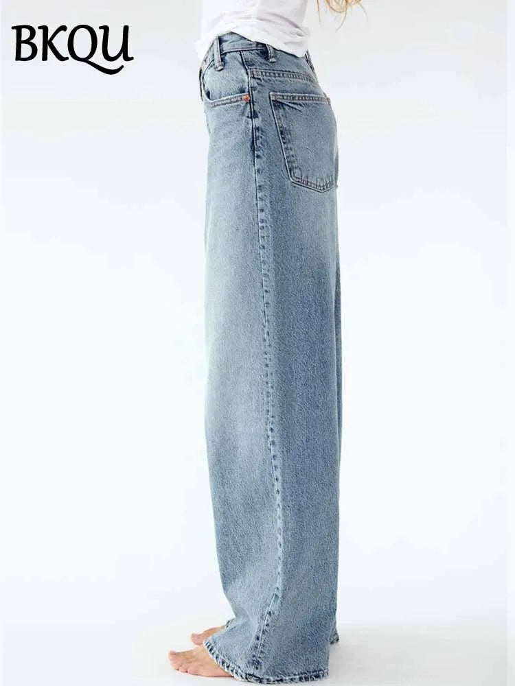 BKQU Asymmetrical Wide Leg Jeans Women Vintage High Waist Washed Straight Denim Trousers Loose Streetwear Chic Irregular Jeans