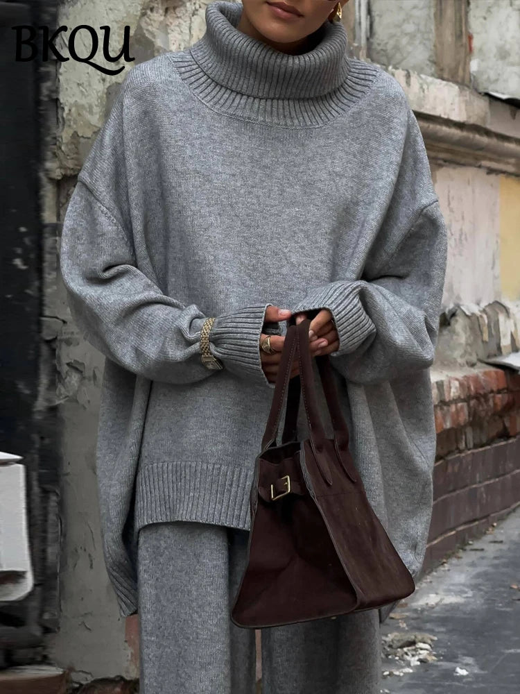 BKQU Casual Turtleneck Sweater Pants Suits Women Knitted Soft Loose Pullover Wide Leg Pants 2 Pieces Sets Autumn Winter Homewear