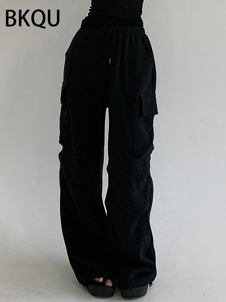 BKQU Gray Knit Pockets Cargo Pants Women 2023 Autumn High Waist Straight Wide Leg Sweatpants Casual Drawstring Joggers Trousers