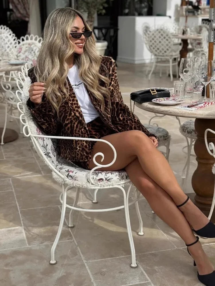 BKQU Leopard Print Blazer Skirt Suit Women Fashion Velvet Long Sleeve Crop Jacket Hip Package Mini Skirt Two Piece Lady Outfits